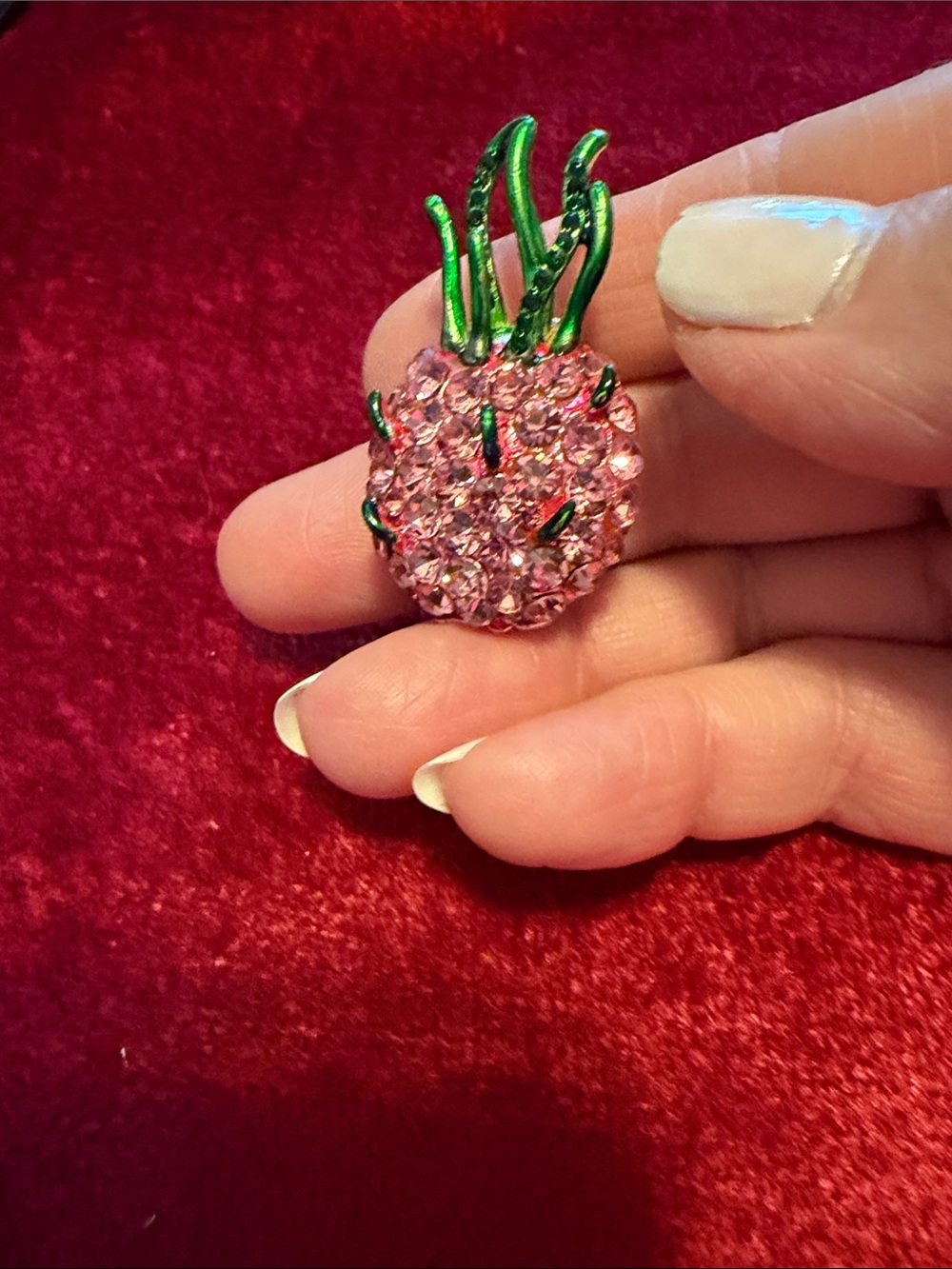 Pink Crystal Pineapple Brooch with Green Accents not worn NEW